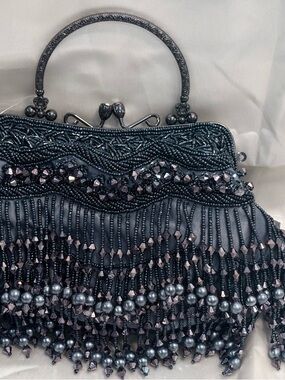 Embellished Gunmetal Beaded Fringe Evening Clutch